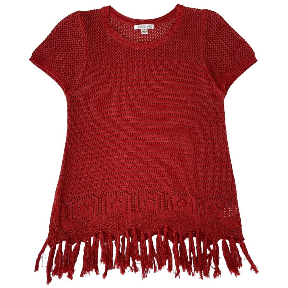 JohnPaulRichard Fringe Hem Red Knit Crocheted Short Sleeve Sweater Top Small